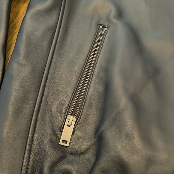 Saks Mens Navy Blue Leather Bomber - Picture 3 of 9